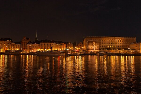 Night lights of Stockholm on the shore of a pond