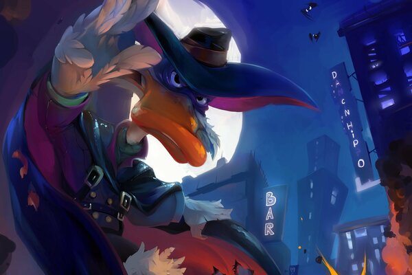 Canard darkwing duck sur le fond de la lune et la ville noire