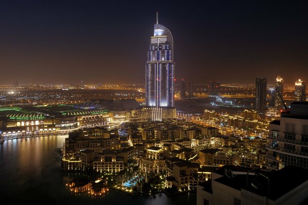 View of the night city in the lights by the river