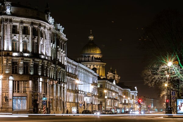 Streets of the night glowing St. Petersburg