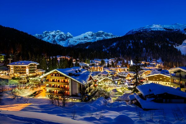 Trees, Christmas trees and buildings on the background of winter in the Alps