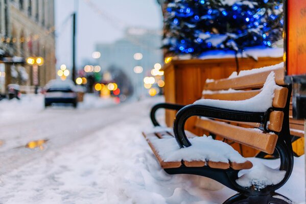 Winterbank mit Schnee übersät