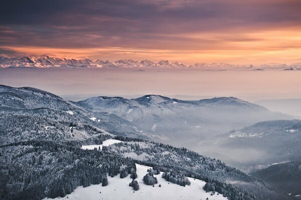 Alpine fog in the mountains in winter