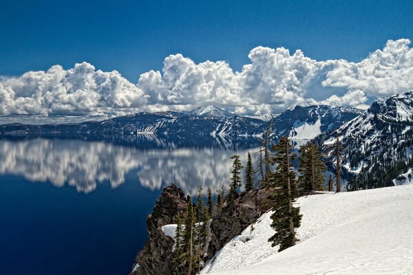 Winter landscape, beautiful nature, forest and lake