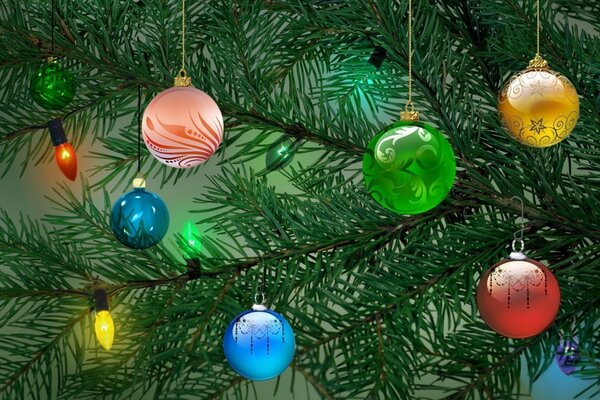 Palle di Natale su un albero di Natale verde