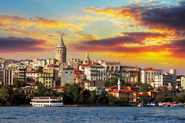 Warm sunset over Galata Tower in Istanbul