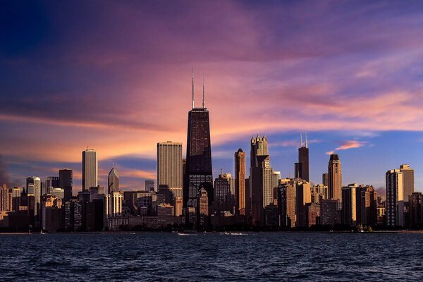 Chicago by the river at sunset