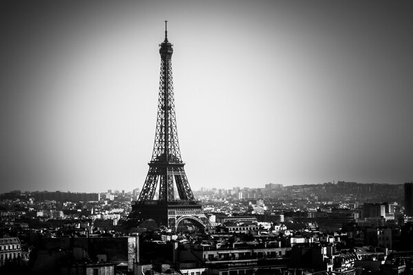 Zdjęcie wieży Eiffla w Paryżu w odcieniach szarości