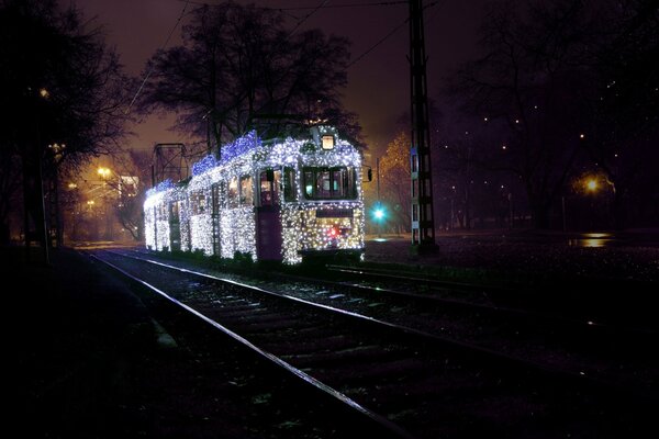 Night tram in winter in Hungary