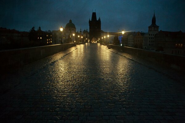 Charles Bridge, night lights of Prague