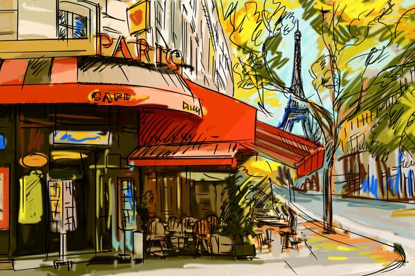 Sketch of a cafe on the corner of a street