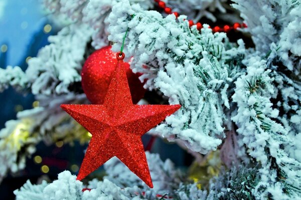 Czerwona gwiazda na śnieżnej choince