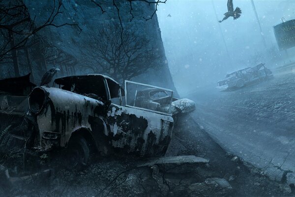 Destroyed cars on a winter night for the Silent Hill game