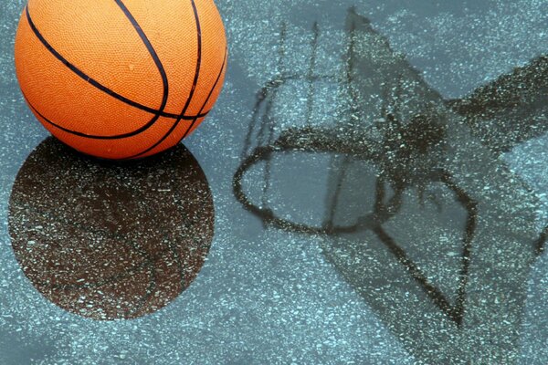 Reflexion im Wasser eines Basketballs