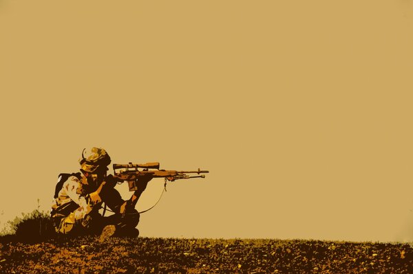 A soldier in an open field aiming a gun