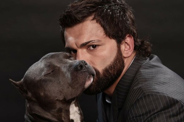 Homme avec barbe et Pitbull