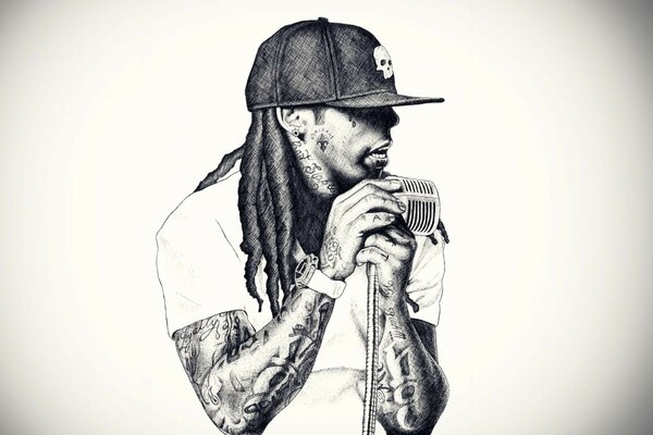 At the microphone, rapper Lil Wayne, pencil drawing