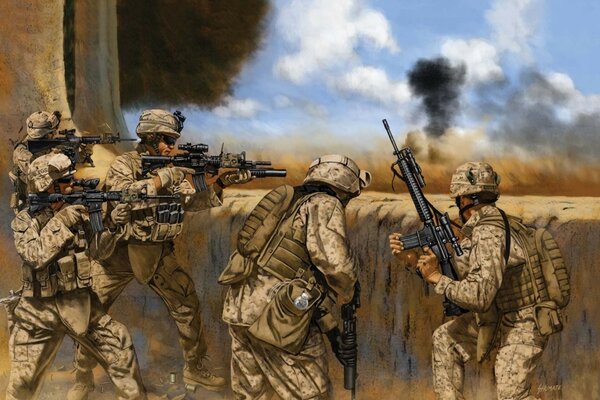 Арт войны в Ираке. Солдаты изображены в дыму и огне