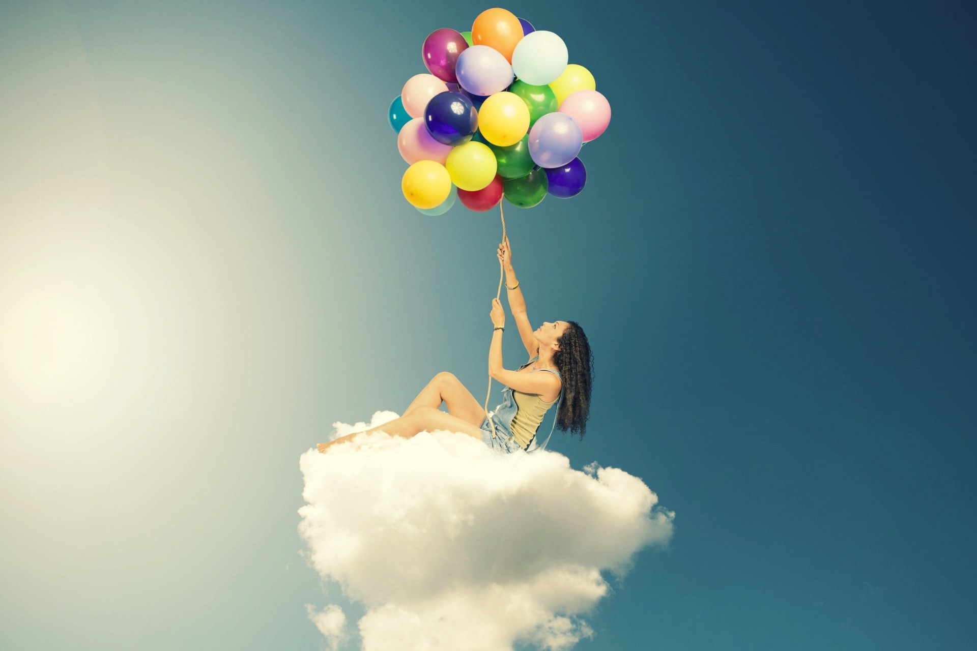 widescreen balloons girl cloud mood sky background full screen wallpaper clouds a woman balls flower