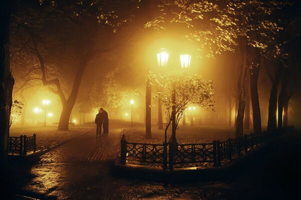 Parque nocturno. Pareja caminando