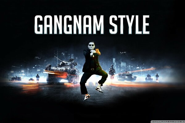 Gangnam steele sur fond de matériel de combat