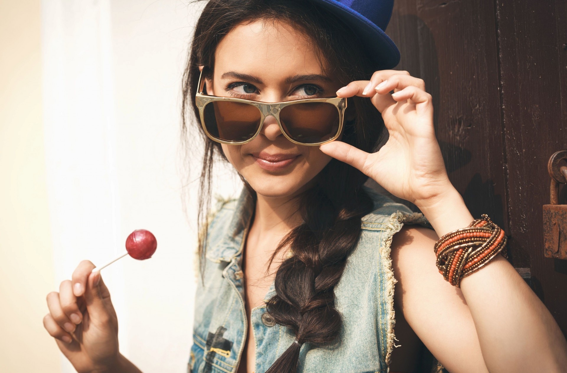 widescreen full screen girl mood brunette hat lollipop pigtail sunglasses wallpaper views background bracelet