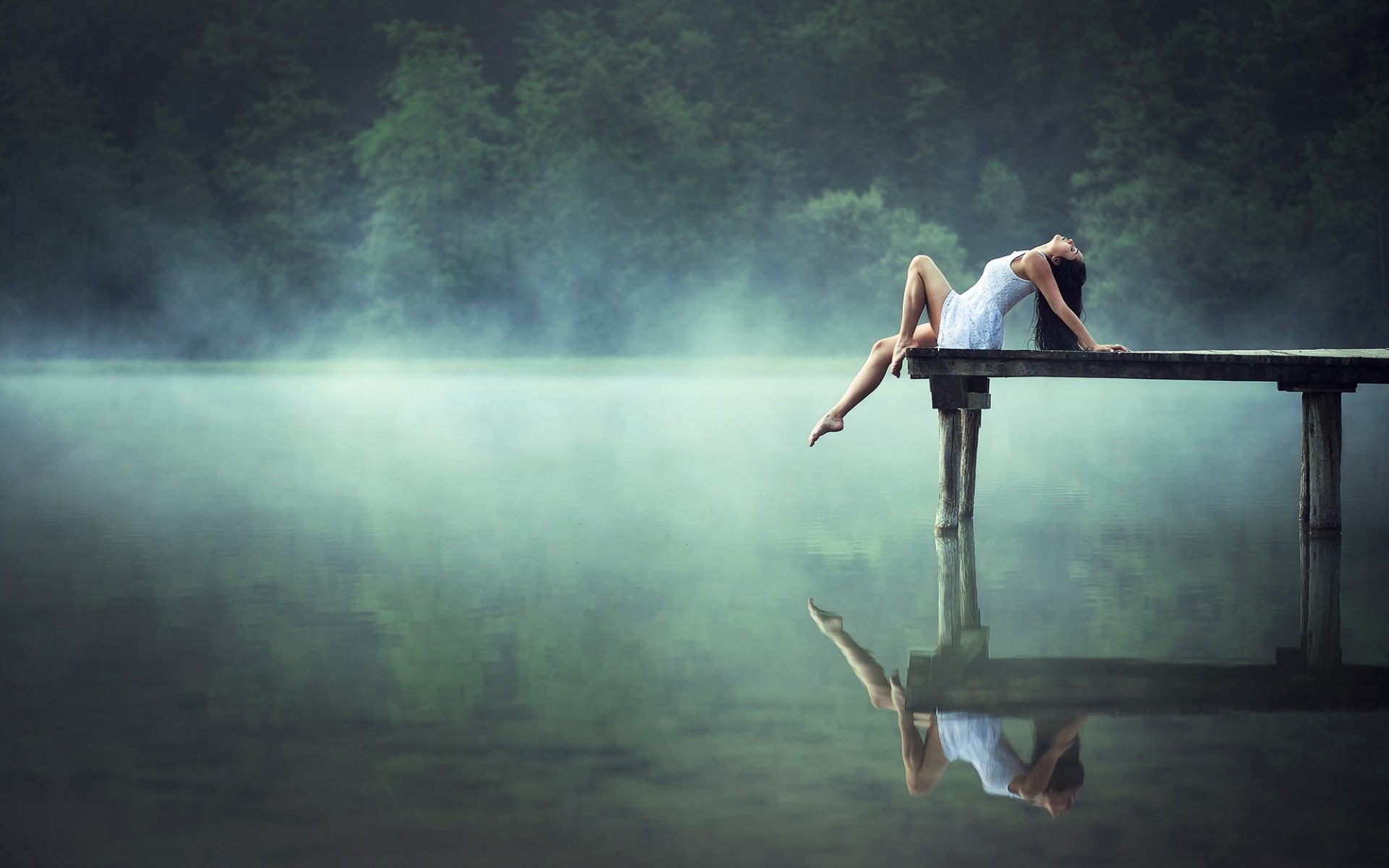 reflection lake morning girl