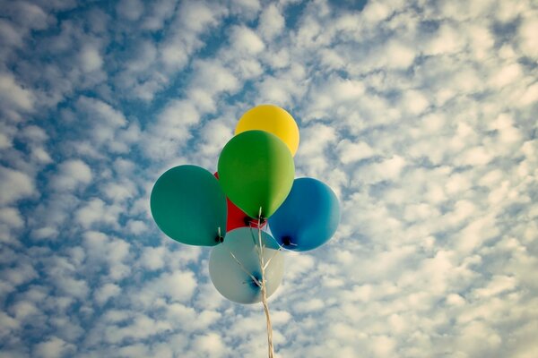 Colored helium balloons on the sky background