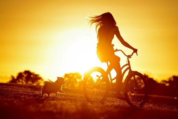 A girl rides a bike at sunset