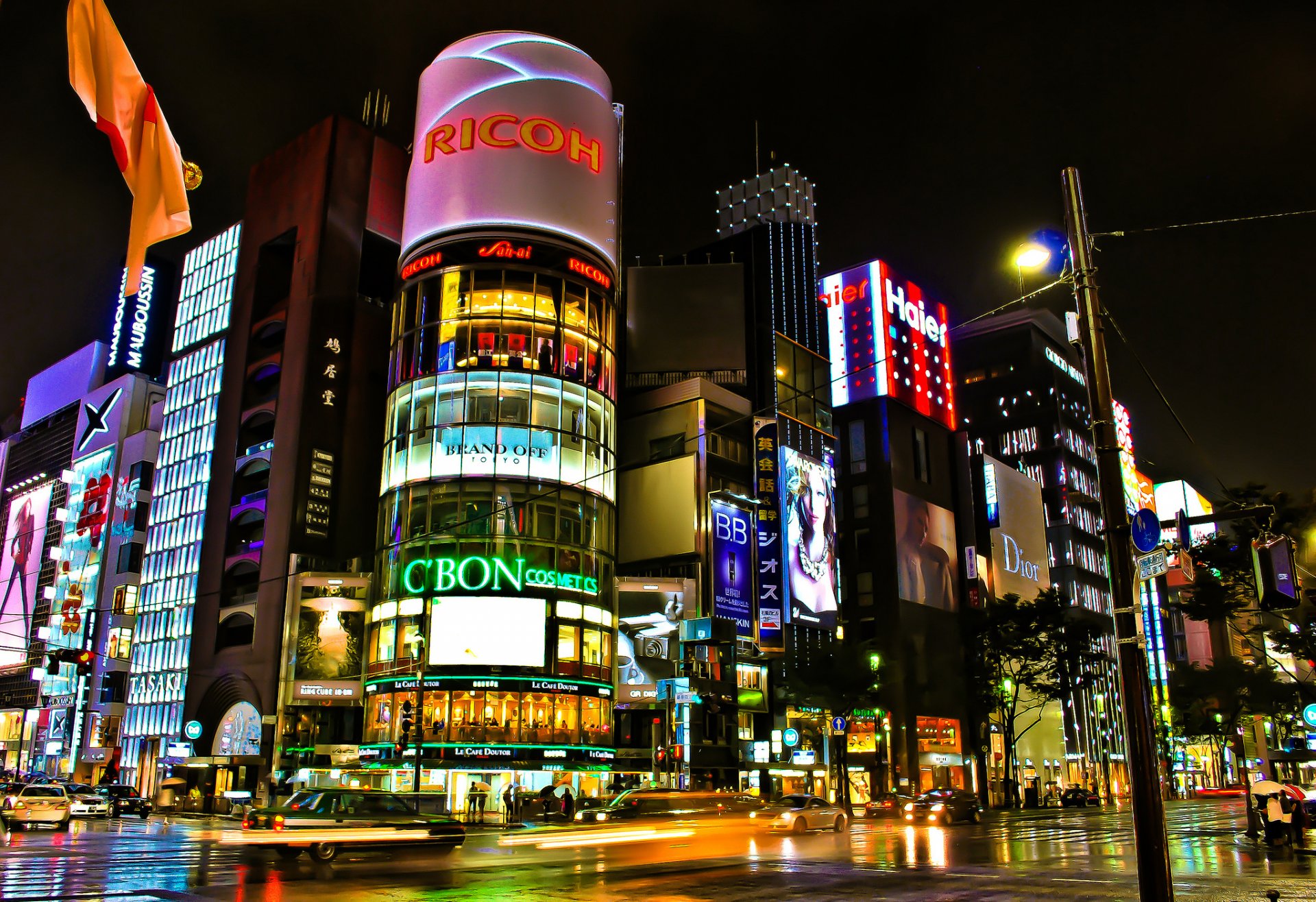 tokyo japan town buildings shops street road extract crossroads lights night