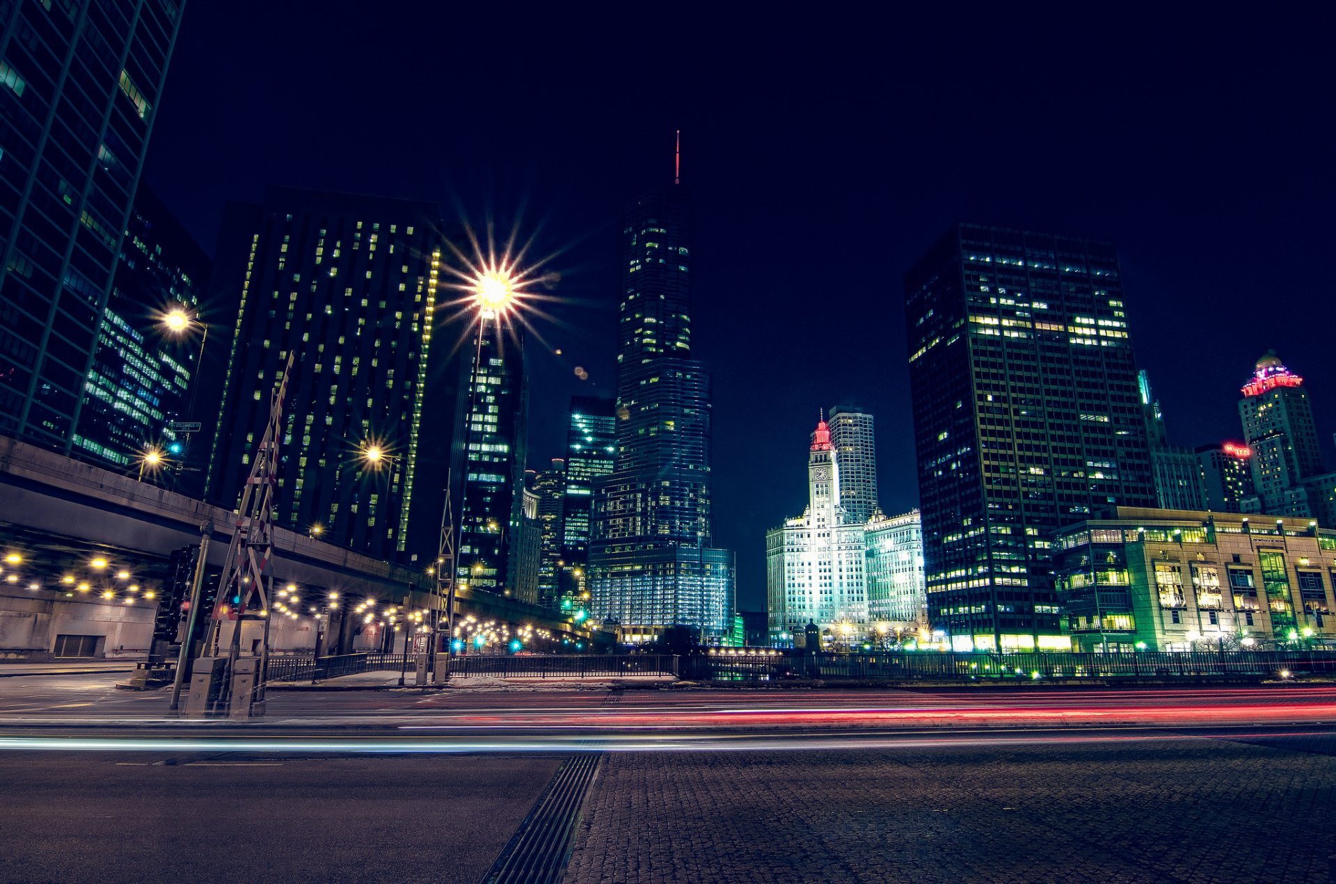 illinois chicago usa ameryka budynki drapacze chmur niebo wieżowce noc światła michigan