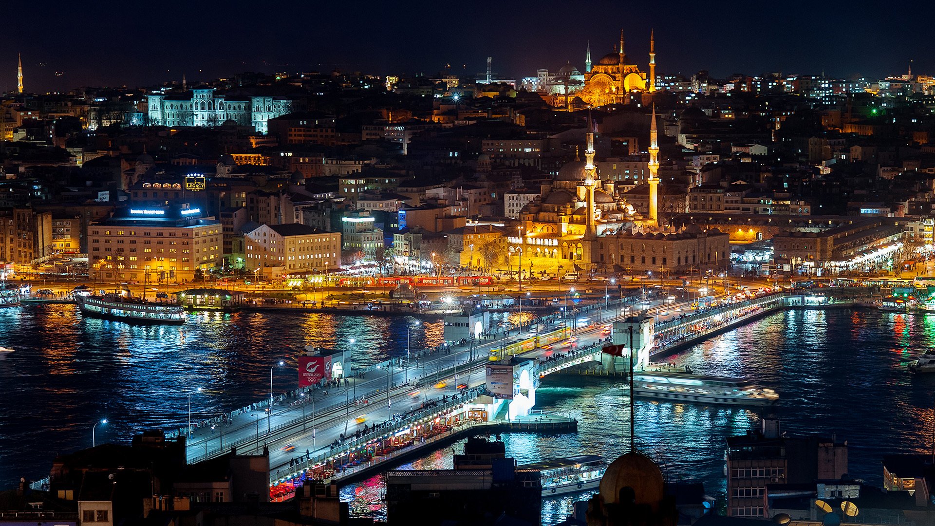 città istanbul turchia notte luci bosforo torre di galata moschea movimento paesaggio luce acqua