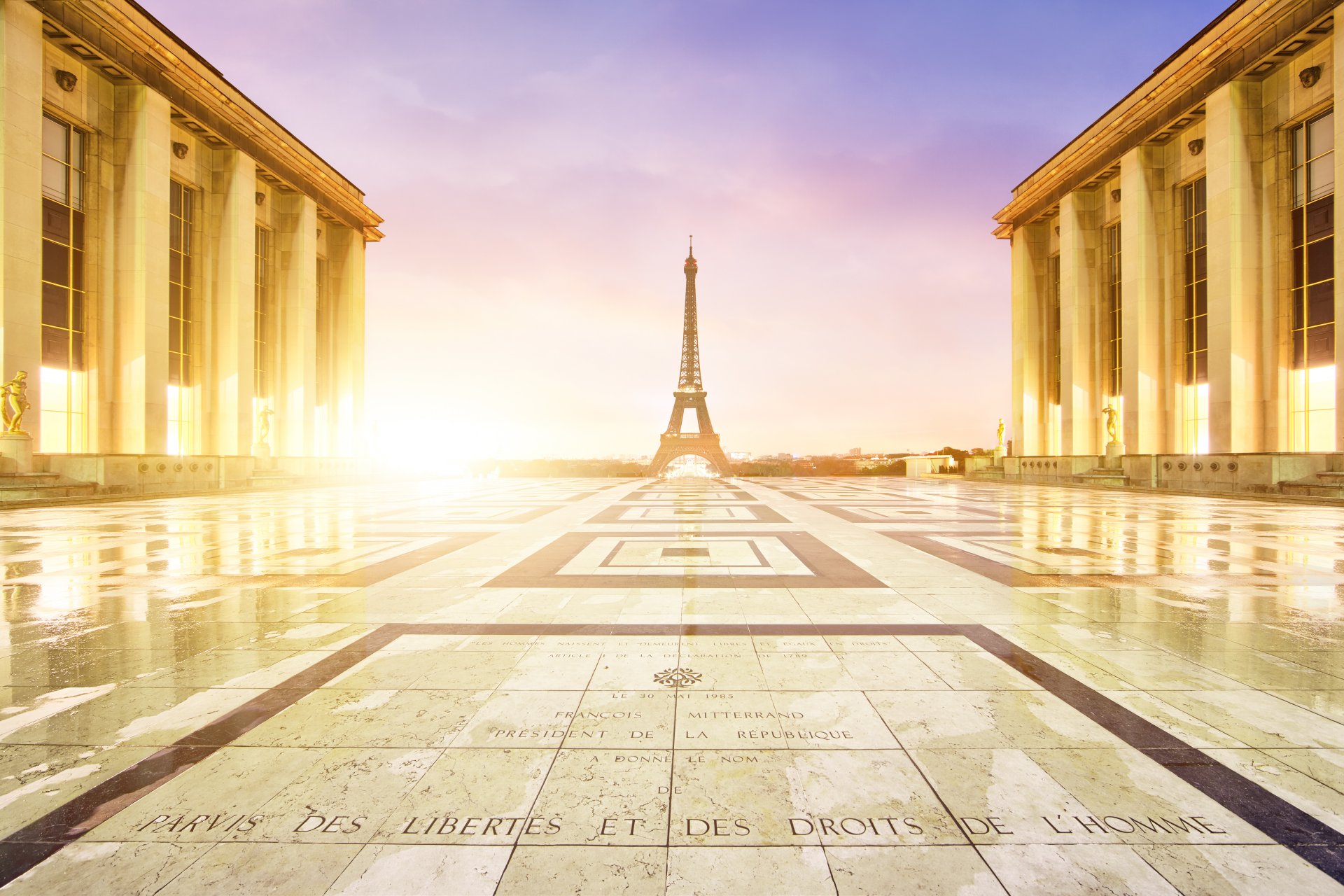 paris france palais de chaillot square museum eiffel tower la tour eiffel town morning dawn buildings architecture