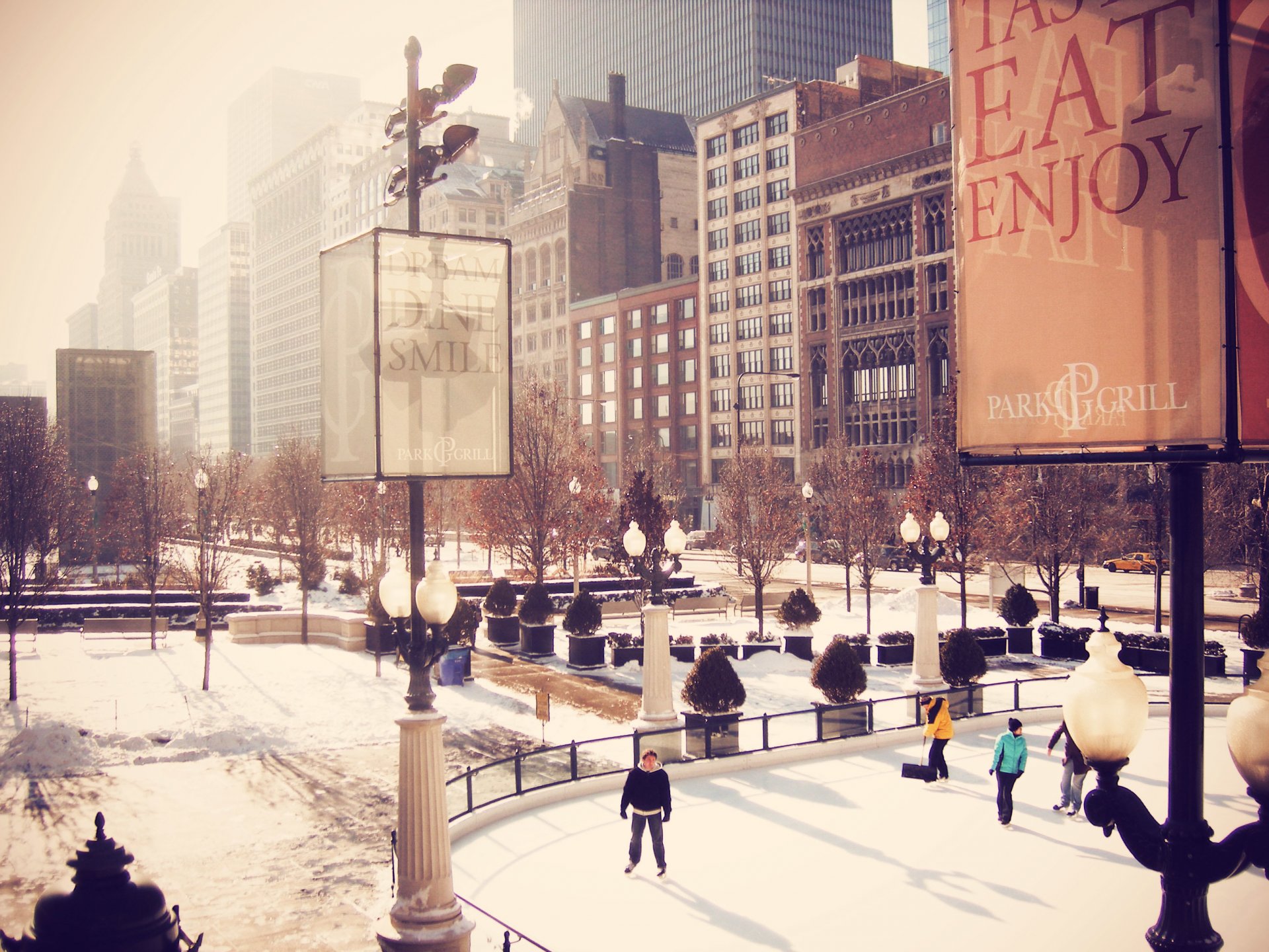 centro de cityfront illinois chicago estados unidos américa invierno personas pista de hielo centro de la ciudad edificios rascacielos ciudad