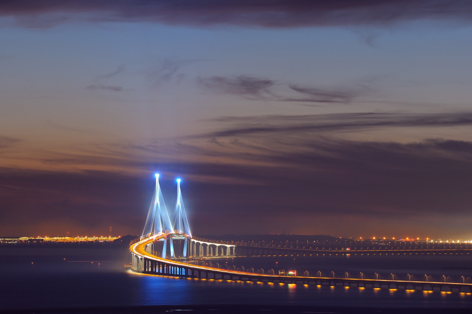 asia corea del sud città incheon songdo ponte retroilluminazione esposizione luci notte cielo nuvole