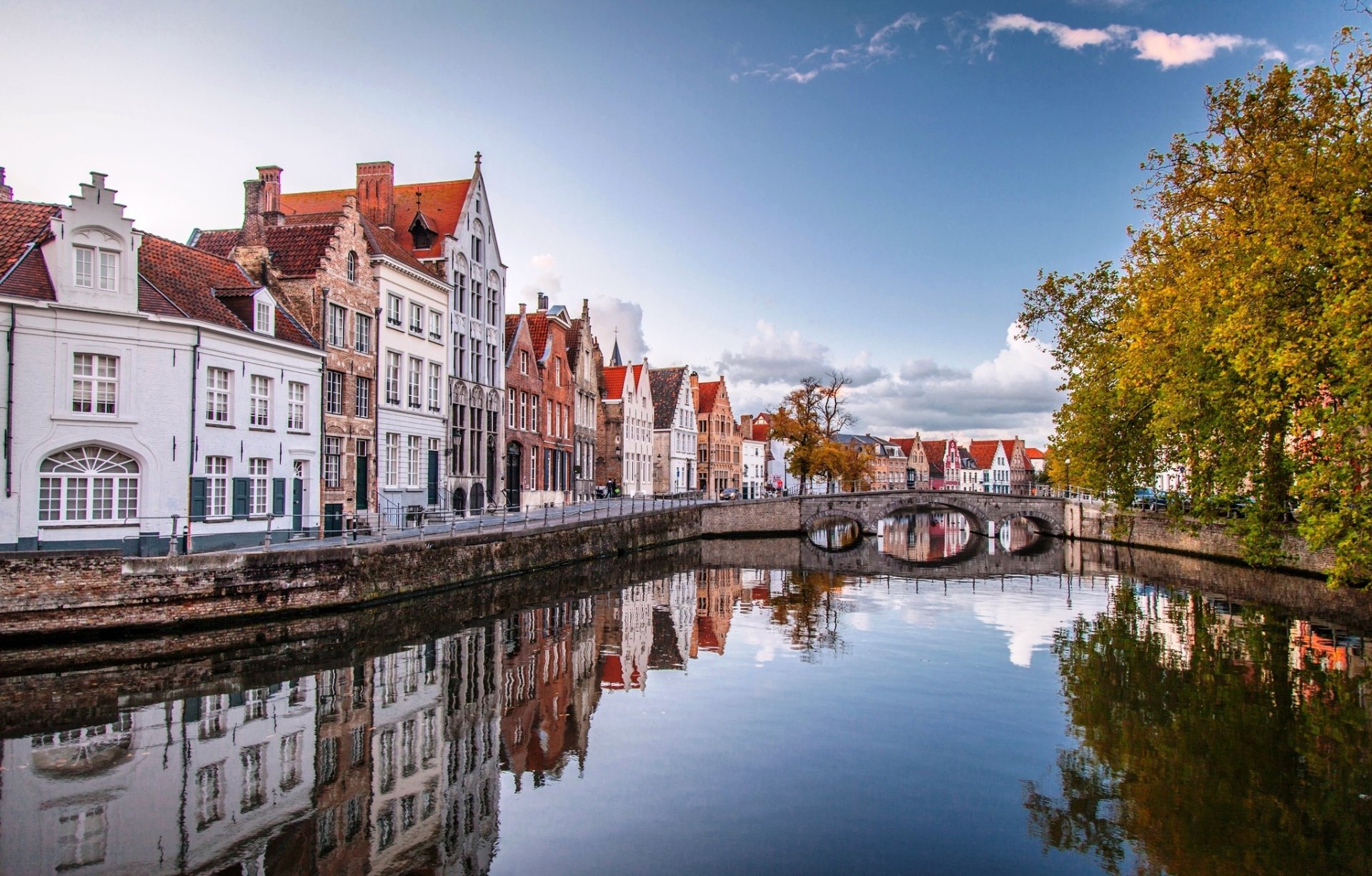 brujas bélgica ciudad casas agua puente árboles otoño