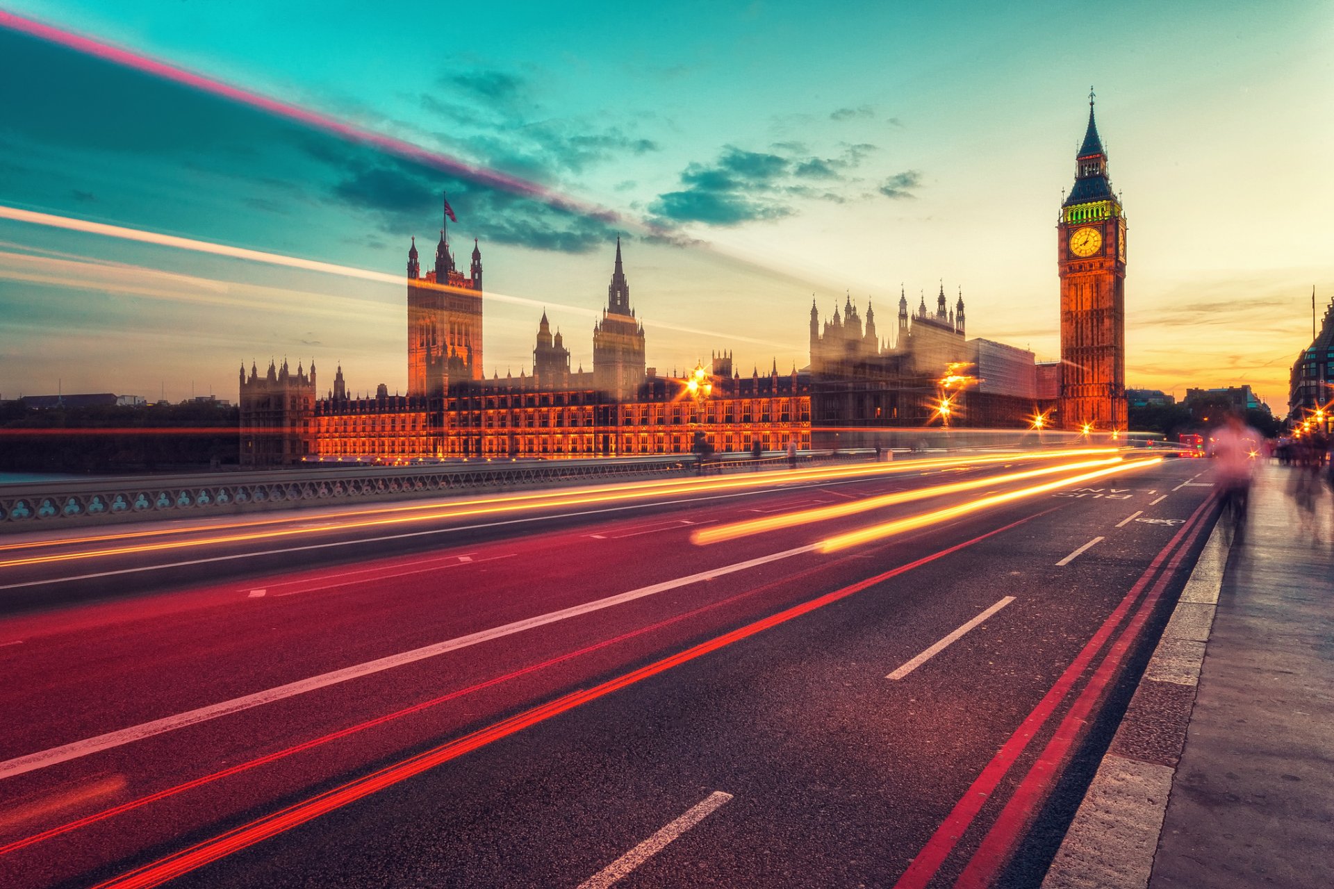 wielka brytania anglia miasto londyn wieczór noc parlament westminster big ben wieża elżbiety droga światła światło ekspozycja