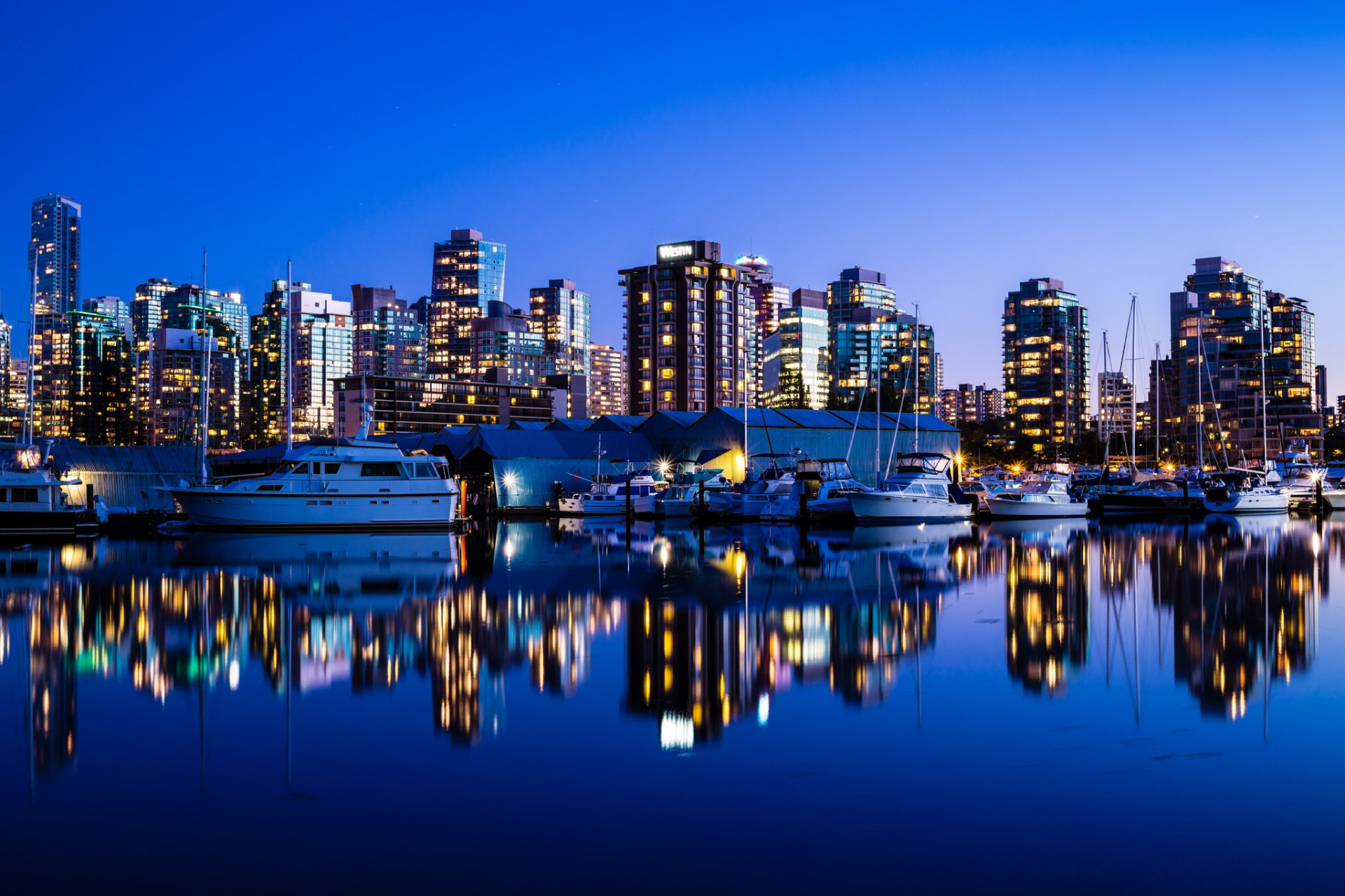 vancouver canada ville nuit soirée gratte-ciel bâtiments océan port de plaisance yachts