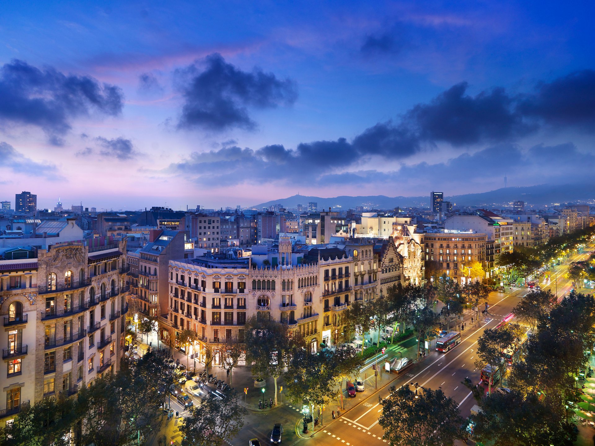 city spain barcelona night house street road architecture mountain clouds