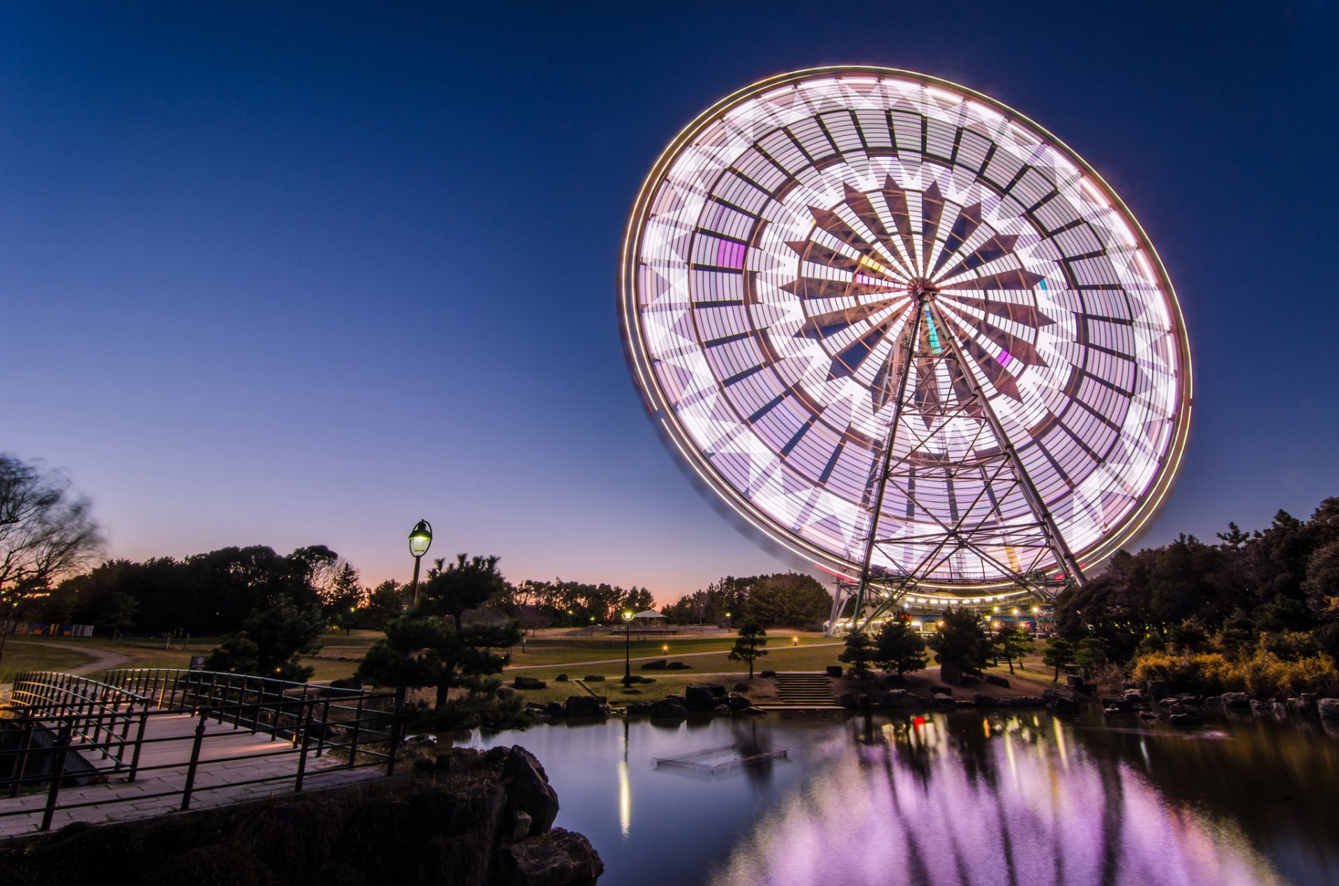 japan tokio hauptstadt nacht blau himmel park bäume brücke laternen beleuchtung riesenrad teich reflexion