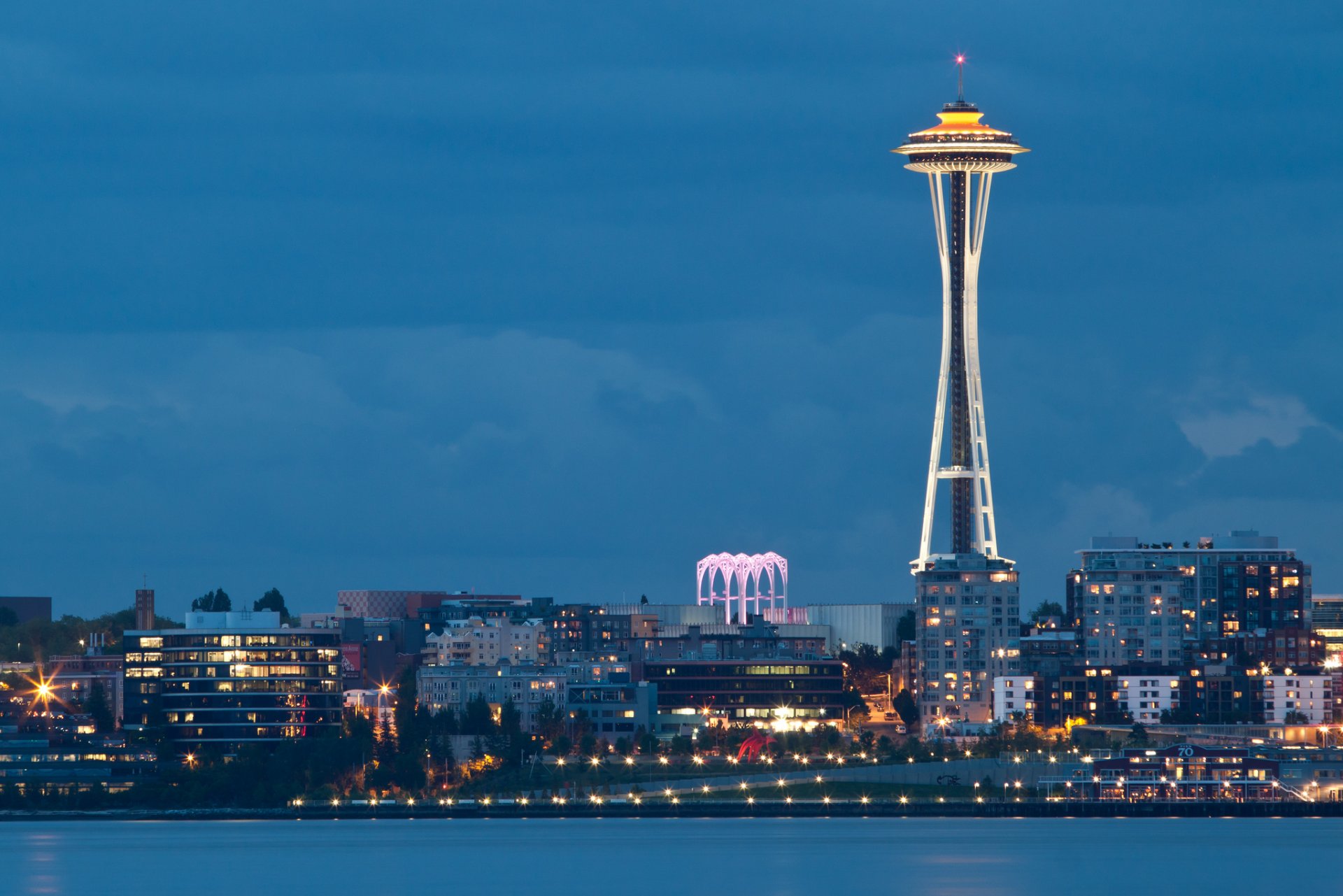 usa washington seattle space needle city evening lanterns bay space needle lights bay