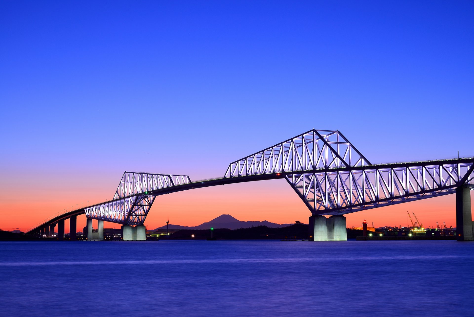 japón tokio capital puente bahía tarde naranja puesta de sol azul cielo