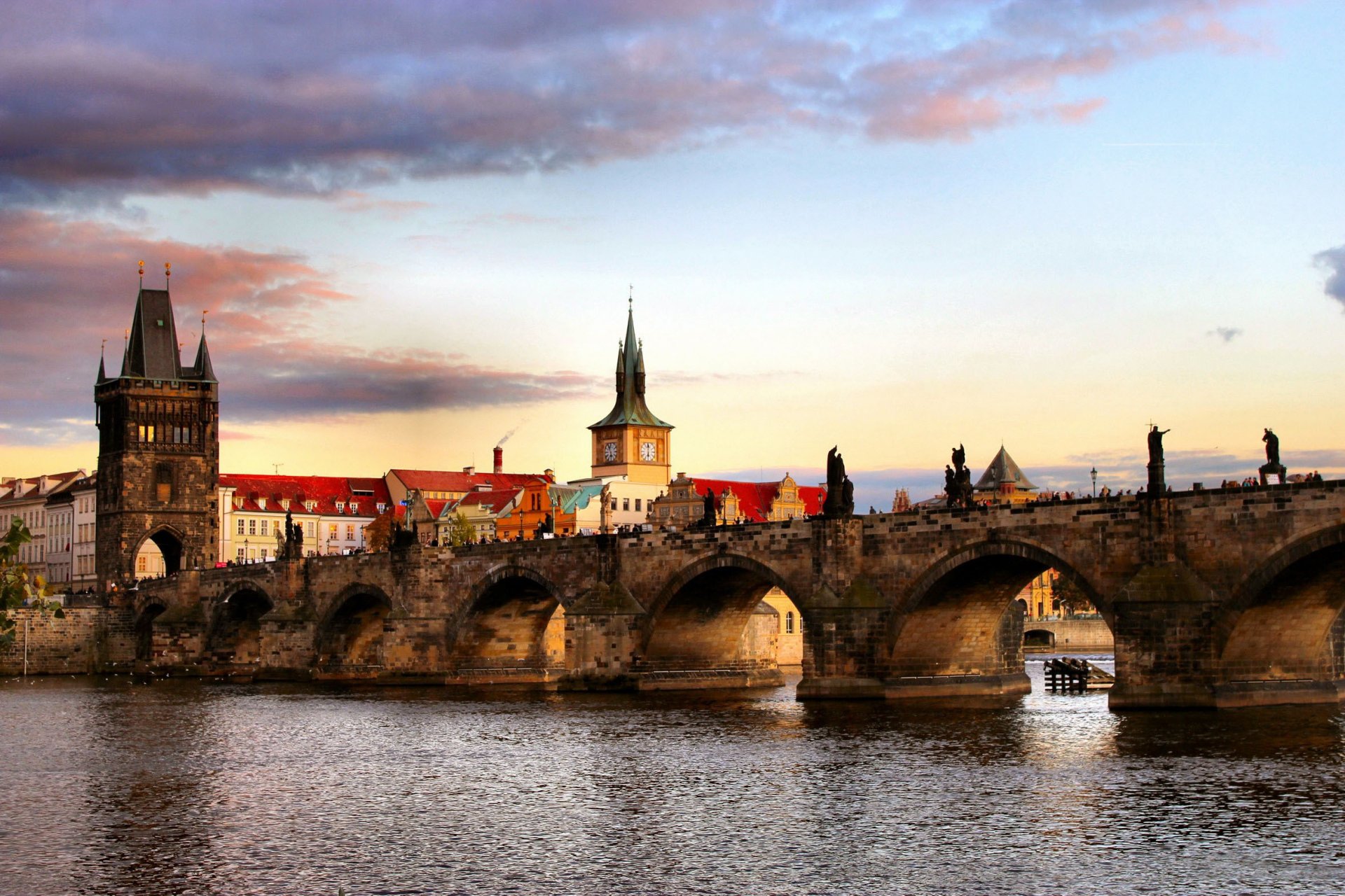 town czech republic prague praga nice views to bridge tower and charles medieval through river vltava