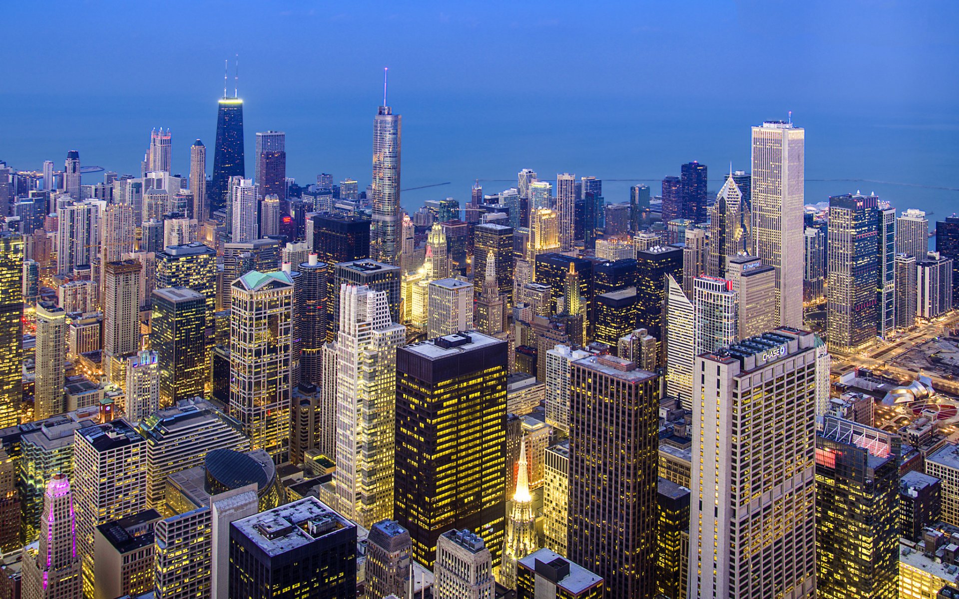 loop illinois usa chicago city evening houses skyscrapers buildings high-rises lighting light