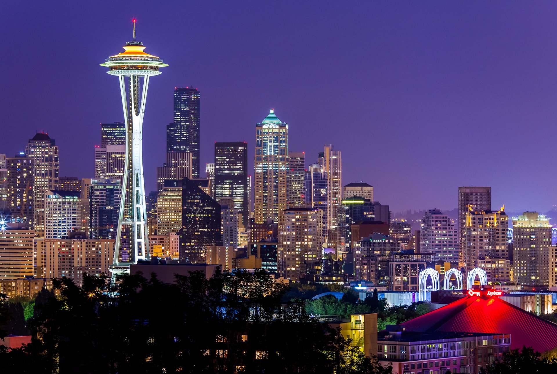 estados unidos washington seattle space needle ciudad noche linternas púrpura cielo space needle luces lila