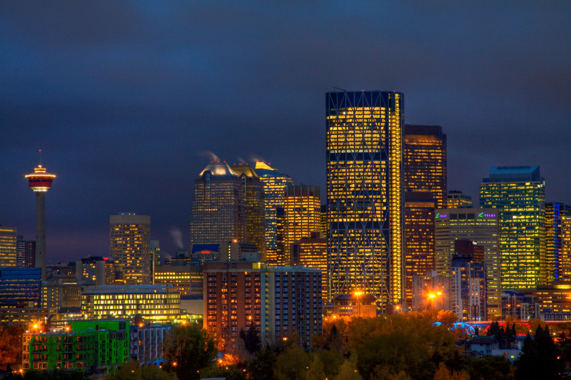 canada calgary alberta ville bâtiments gratte-ciel tour arbres lanternes lumières éclairage bleu ciel nuit