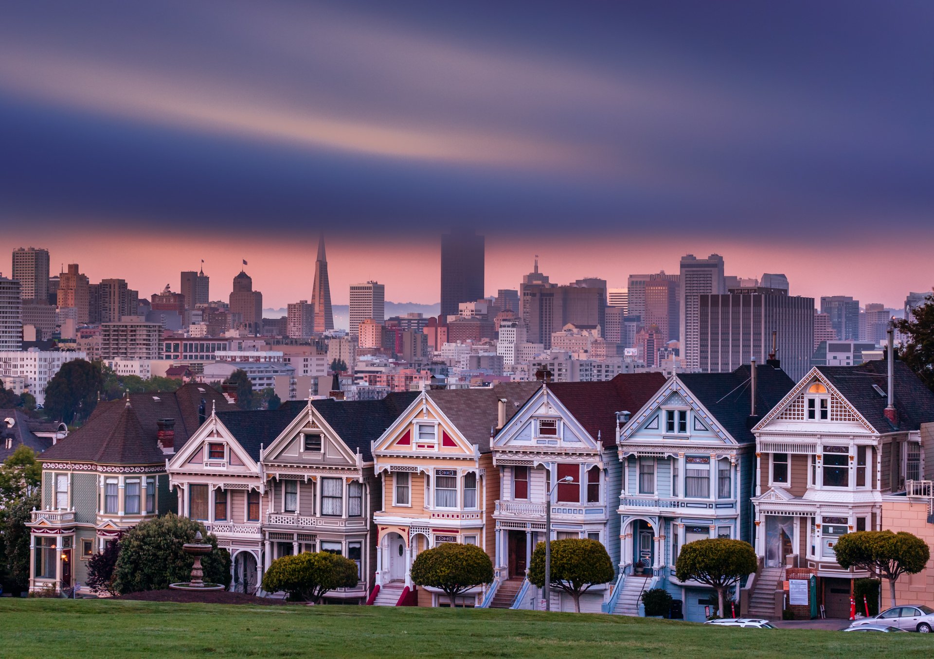 usa kalifornia san francisco alamo square miasto domy drzewa wieczór niebo przetwarzanie