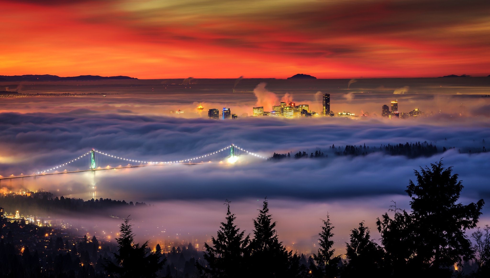 canadá columbia británica vancouver invierno mañana casa luces puente niebla alexis birkill fotografía