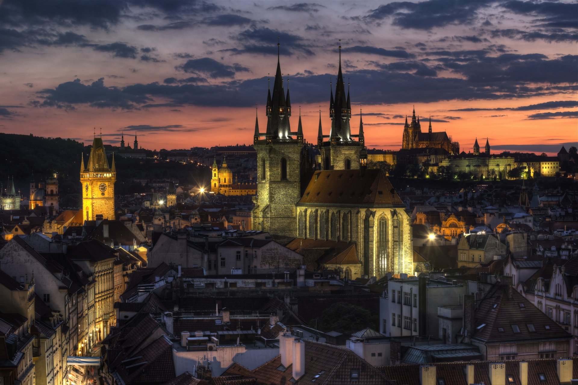 czech republic prague stare mesto capital center lighting night orange sunset sky cloud