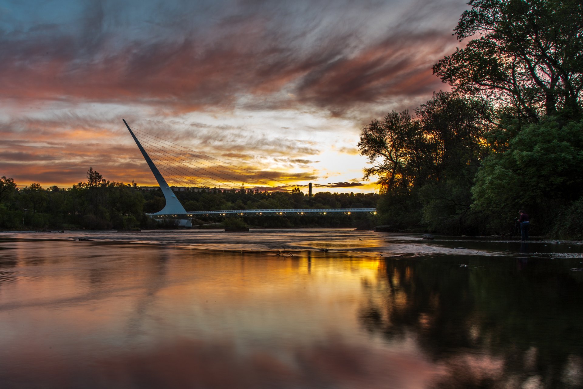 estados unidos california redding ciudad puente río sacramento naturaleza árboles mañana amanecer cielo nubes reflexión